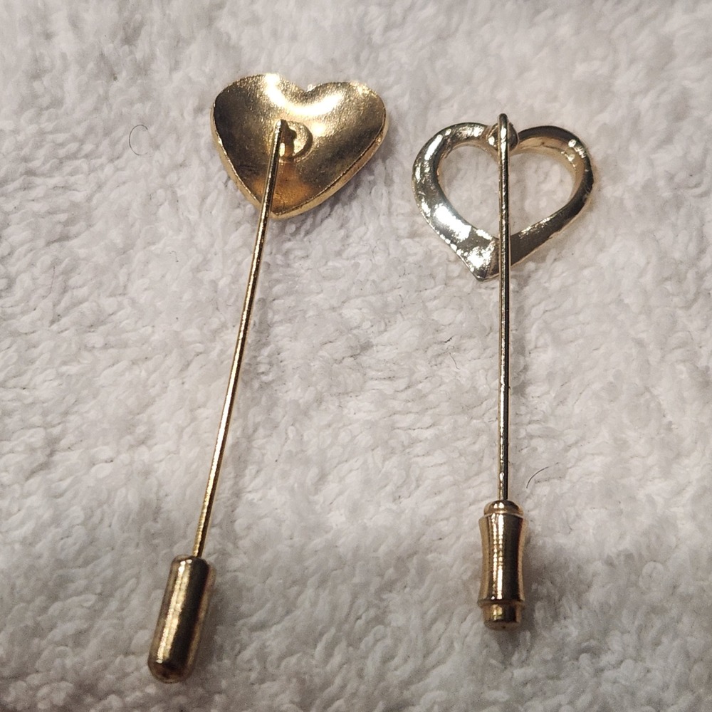 Vintage Heart Stick Pin Set Cloisonne Enamel Floral Gold Tone Lapel Pins 2pc - Picture 4 of 10